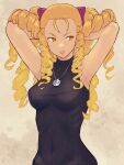  1girl arms_behind_head big_hair blonde_hair bow breasts commentary_request dress hair_bow hair_focus hair_pulled_back hands_in_hair highres jewelry kanzuki_karin long_hair looking_to_the_side necklace pendant ribbed_sweater ringlets signature sleeveless solo street_fighter street_fighter_zero_(series) sweater sweater_dress yuenibushi 