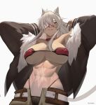  1girl abs animal_ear_fluff animal_ears armpits arms_up bandeau bangs bare_shoulders belt black_panties breasts cat_ears cat_tail chilakkk choker cleavage collarbone commentary cowboy_shot dark-skinned_female dark_skin eyepatch fur-trimmed_jacket fur_trim ghislaine_dedoldia green_pants hair_between_eyes highleg highleg_panties highres jacket large_breasts long_hair looking_at_viewer muscular muscular_female mushoku_tensei navel obliques off_shoulder open_belt open_clothes open_jacket open_pants panties pants parted_lips red_bandeau red_choker red_eyes scar scar_on_cheek scar_on_face scar_on_stomach sidelocks simple_background smile solo standing stomach tail twitter_username underboob underwear white_background 