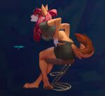  2023 4_toes 5_fingers anthro breasts brown_body brown_fur canid canine canis clothed clothing coyote digital_media_(artwork) eyebrows eyelashes feet female fingers fur hair mammal pink_hair sitting solo toes wrabby 