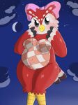  animal_crossing anthro avian belly big_breasts bird black_eyes blush breasts celeste_(animal_crossing) chubby_belly chubby_female cloud cute_expression deliveryboi digital_media_(artwork) eyelashes feathers featureless_breasts featureless_crotch female hi_res looking_at_viewer moon navel night nintendo nojimmyplz nude owl pink_bow plaid red_body red_feathers shooting_star solo star thick_thighs wide_hips 