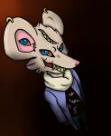  anthro arson_limbo black_tail blue_eyes bottomwear buckteeth cheek_tuft claws clothed clothing detan_seraph diamond_pupils ear_eyes ear_piercing ear_ring evil_grin facial_tuft fingers fluffy_ears fur fur_tuft head_tuft hi_res legwear long_snout male mammal mouse multi_eye multi_mouth multicolored_eyes murid murine notes28 orange_sclera piercing pink_hands ring_piercing rodent sewn_mouth sharp_teeth shirt smile snout solo tail teeth topwear tuft white_claws 