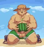  2023 anthro balls band-aid bandage bear blush brown_body clothing erection eyewear food fruit genitals glasses hat headgear headwear humanoid_hands lifewonders male mammal masturbation melon moobs murzax outside overweight overweight_male penis plant solo straw_hat tokyo_afterschool_summoners volos watermelon 