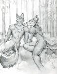  akatan_art anthro black_and_white butt canid canine canis clothing discarded_clothing duo featureless_crotch forest fox fur fur_tuft graphite_(artwork) hi_res looking_at_another male male/male mammal monochrome nude pawpads paws pencil_(artwork) plant pond rock sitting tail traditional_media_(artwork) tree tuft underwear wolf 