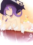  1girl :3 absurdres aetherion ass bath bathtub blair_(soul_eater) blush breasts bubble butt_crack closed_mouth convenient_censoring hat highres large_breasts nude purple_hair rubber_duck smile soap_bubbles solo soul_eater split_mouth witch_hat yellow_eyes 
