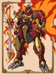  absurdres apoloniodraws border brown_background clenched_hands fantasy fiery_wings fire full_body highres magic_knight_rayearth mashin mecha no_humans outside_border rayearth_(character) red_eyes robot solo sword weapon wings 