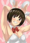  1girl amagami animal_ears armpits arms_up blush bow bowtie breasts brown_eyes brown_hair bunny_pose bunny_symbol chinese_zodiac cleavage close-up collar commentary detached_collar fake_animal_ears grin hair_strand hands_up highres jishaku_(user_rcuz2843) leotard looking_at_viewer playboy_bunny presenting_armpit rabbit_ears red_bow red_bowtie short_hair small_breasts smile solo strapless tachibana_miya upper_body white_collar white_leotard wrist_cuffs year_of_the_rabbit 