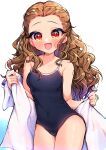  1girl absurdres adachi_(nogami_nono) blue_one-piece_swimsuit blush braid braided_bangs breasts collarbone covered_navel forehead highres holding holding_towel idolmaster idolmaster_cinderella_girls looking_at_viewer one-piece_swimsuit school_uniform seki_hiromi small_breasts smile solo swimsuit towel wavy_hair white_towel 