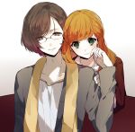  1boy 1girl brown_eyes brown_hair bustafellows glasses green_eyes grey_jacket helvetica_(bustafellows) hetero jacket long_sleeves looking_at_viewer multicolored_hair orange_hair red_hair shirt short_hair skunlv teuta_(bustafellows) white_background white_shirt 