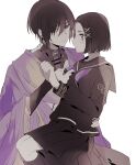  1boy 1girl akitsu_shino_(dairoku) black_hair black_shirt black_skirt black_socks blush cloak dairoku:_ayakashimori hetero highres long_sleeves no_bangs purple_cloak purple_eyes semi_tokitsugu shirt short_hair skirt skunlv socks white_background 