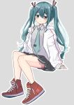  1girl aqua_eyes aqua_hair bangs bare_legs bare_shoulders black_skirt blue_necktie blush commentary fish grey_background grey_shirt hair_between_eyes hair_ornament hatsune_miku high_tops highres jacket jitome kanzuki_tsunane long_hair looking_at_viewer necktie open_clothes open_jacket outline pleated_skirt ribbed_sleeves shirt shoes simple_background sitting skirt sleeveless sleeveless_shirt sneakers solo thighhighs thighs triangle_mouth twintails untied untied_footwear vocaloid white_outline 