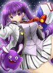  1girl blue_eyes buck_teeth clockwork_rabbit closed_mouth crossover gochuumon_wa_usagi_desu_ka? highres holding holding_weapon long_hair looking_at_viewer marihei64ds mario_(series) mario_+_rabbids_sparks_of_hope necktie purple_eyes purple_hair rabbid_luma raving_rabbids shirt skirt smile tedeza_rize teeth twintails weapon 