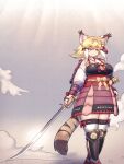  1girl alternate_costume animal_ear_fluff animal_ears armor armored_skirt arms_at_sides blonde_hair blue_eyes bow breasts brown_hair closed_mouth colored_inner_hair day empty_eyes extra_ears feet_out_of_frame highres holding holding_sword holding_weapon japanese_armor japari_symbol kemono_friends large_breasts long_hair long_sleeves mo23 multicolored_hair outdoors saber_(weapon) smilodon_(kemono_friends) solo sword tail thighhighs walking weapon white_hair zettai_ryouiki 