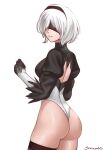  1girl ass backless_outfit blindfold breasts feathers gloves gothic headband juliet_sleeves leotard long_sleeves looking_at_viewer mole mole_under_mouth multicolored_clothes multicolored_gloves nier_(series) nier_automata puffy_sleeves shinsaku_(stan-art) short_hair sideboob smile thighhighs white_hair yorha_no._2_type_b 