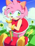 1girl aetherion amy_rose animal_nose bracelet cloud commentary dress flower furry furry_female gloves green_eyes hairband hammer highres jewelry leaning_forward open_mouth red_dress red_hairband sky solo sonic_(series) symbol-only_commentary white_gloves 