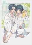  2boys :o bachira_meguru bangs barefoot blonde_hair blue_eyes blue_hair blue_lock blunt_ends blush buttons character_name collarbone collared_shirt commentary dark_blue_hair feet full_body halftone hand_up isagi_yoichi lap_pillow long_sleeves looking_at_another male_focus mikoccccchan multicolored_hair multiple_boys open_collar open_mouth pants parted_bangs plant shirt short_hair sidelocks sitting smile tile_wall tiles towel towel_around_neck two-tone_hair watermark wet wet_clothes wet_hair white_background white_pants white_shirt yellow_eyes 