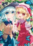  2girls :o bangs black_headwear blonde_hair blue_butterfly blush bow bug butterfly buttons collar commentary dappled_sunlight diamond_button dress eyebrows_hidden_by_hair fang finger_to_cheek flandre_scarlet floral_background flower frilled_collar frilled_dress frilled_sleeves frills green_eyes green_hair green_skirt hair_between_eyes hand_up hat hat_bow highres index_finger_raised komeiji_koishi leaf long_hair long_sleeves looking_at_viewer medium_hair mob_cap multiple_girls neckerchief open_mouth puffy_short_sleeves puffy_sleeves red_bow red_dress red_eyes red_flower red_rose ribbon-trimmed_sleeves ribbon_trim rose shirt short_sleeves side_ponytail skirt smile sunlight too_many_butterflies touhou tsukikusa wavy_hair white_collar white_headwear white_shirt wide_sleeves wing_collar yellow_bow yellow_neckerchief yellow_shirt 