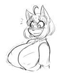  anthro big_breasts blush blush_lines bodily_fluids breast_expansion breasts domestic_cat expansion felid feline felis female huge_breasts kurimi_(lunarspy) looking_at_breasts lunarspy mammal monochrome nipple_outline open_mouth simple_background solo surprise sweat wide_eyed 
