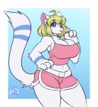  2022 anthro big_breasts blonde_hair blue_eyes breasts claws cleavage clothed clothing domestic_cat felid feline felis female fur hair hi_res huge_breasts kurimi_(lunarspy) lunarspy mammal midriff navel open_mouth signature solo standing tail text thick_thighs white_body white_fur wide_hips 