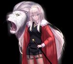  1girl animal_ears black_background black_pantyhose black_shorts black_vest bolo_tie breasts cane cape closed_mouth coat collared_shirt commentary dress_shirt ear_piercing fur-trimmed_coat fur_trim grey_eyes hair_flaps highres holding holding_cane hololive legwear_garter lion lion_ears long_hair looking_at_viewer medium_breasts official_alternate_costume official_alternate_hair_length official_alternate_hairstyle pantyhose piercing red_cape shirt shishiro_botan short_shorts shorts sidelocks solo thigh_strap very_long_hair vest virtual_youtuber waistcoat white_sleeves zexalmike 