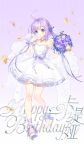  1girl :o ahoge ankle_bow ankle_ribbon bare_legs bare_shoulders birthday bouquet bow breasts bright_pupils character_name chinese_text choker confetti detached_sleeves dress english_text flower full_body gradient_background hair_bow hair_flower hair_ornament hands_up happy_birthday heel_up high_heels highres holding holding_bouquet holding_veil hydrangea lace-trimmed_choker lace_trim layered_dress leg_ribbon long_hair long_sleeves looking_at_viewer official_art puffy_long_sleeves puffy_sleeves purple_background purple_bow purple_eyes purple_flower purple_hair purple_ribbon revdol ribbon see-through see-through_sleeves short_dress sleeveless sleeveless_dress small_breasts solo standing star-shaped_pupils star_(symbol) star_ornament strapless strapless_dress symbol-shaped_pupils twintails uranova_katya veil very_long_hair virtual_youtuber wedding_dress white_dress white_footwear white_pupils 