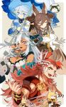  2boys 3girls ahoge animal_ears blonde_hair blue_eyes blue_hair book breasts brown_hair cat cleavage closed_eyes cyenmi3 dark-skinned_female dark_skin detached_sleeves dress ewiyar_(granblue_fantasy) fediel_(granblue_fantasy) galleon_(granblue_fantasy) gloves granblue_fantasy grey_hair hair_between_eyes hair_tucking highres holding holding_book holding_umbrella horns large_breasts long_hair lu_woh_(granblue_fantasy) multiple_boys multiple_girls one_eye_closed open_mouth parasol pointy_ears purple_eyes red_hair short_hair sidelocks sleeveless sleeveless_dress smile symbol-shaped_pupils twitter_username umbrella v-shaped_eyebrows vambraces wamdus_(granblue_fantasy) white_gloves wilnas_(granblue_fantasy) yellow_eyes 