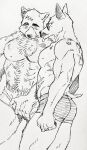  2boys :p abs animal_ears bara billy_russell_(dickfish) boxer_briefs boxers couple covering covering_crotch crotch_grab dickfish_(fishismdick) dog_boy dog_ears facial_hair fluffy fox_boy fox_tail from_below furrification furry furry_male glasses highres john_rottweil_(dickfish) large_pectorals male_focus male_underwear mature_male multiple_boys muscular muscular_male mustache original pectorals scan short_hair sketch stomach tail thick_eyebrows thick_thighs thighs tongue tongue_out topless_male traditional_media underwear yaoi 