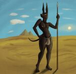  2022 absurd_res anthro barefoot black_body bottomwear bulge canid canine canis clothing desert feet hand_on_hip hi_res jackal leaning_on_object licker69666 lickerdemon loincloth loincloth_only male mammal melee_weapon navel nipples outside pecs polearm pyramid sand shaded solo spear standing tail weapon yellow_eyes 