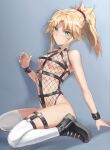  1girl bangs belt black_footwear blonde_hair braid breasts fate/apocrypha fate_(series) fishnet_leotard french_braid green_eyes highres long_hair looking_at_viewer mordred_(fate) mordred_(fate/apocrypha) parted_bangs ponytail revealing_clothes shoes sidelocks small_breasts sneakers solo thighhighs tonee white_thighhighs 
