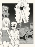  1boy 2girls android_18 aura bald bangs breasts building car cleavage commentary dragon_ball dragon_ball_z dress english_commentary eyebrows_hidden_by_hair facial_mark floating forehead_mark greyscale ground_vehicle hands_in_pockets highres kuririn large_breasts maron_(dragon_ball_z) monochrome motor_vehicle multiple_girls open_mouth pink_mousse short_dress shorts smile sparkle strap_slip sunglasses 