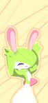 1girl ^_^ animal_ears arms_up bangs blush bob_cut bunny_pose closed_eyes colored_skin commentary_request flat_chest gardevoir green_hair green_skin hair_over_one_eye happy light_blush multicolored_skin one_eye_covered open_mouth outline pokemon pokemon_(creature) rabbit_ears rabbit_girl short_hair smile solo standing textless_version two-tone_skin upper_body white_skin yellow_background yellow_outline yuri_(pixiv_76483886) 