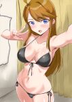  1girl :d absurdres ahoge arm_up bangs bare_arms bare_shoulders bikini black_bikini blue_eyes blush breasts brown_hair cleavage clothes_hanger collarbone commentary_request cowboy_shot curtains echihiro fitting_room front-tie_bikini_top front-tie_top groin hair_between_eyes halterneck hand_up highres idolmaster idolmaster_million_live! indoors large_breasts long_hair looking_at_viewer navel open_mouth outstretched_arm reaching_towards_viewer selfie side-tie_bikini_bottom sidelocks smile solo standing stomach string_bikini sweatdrop swept_bangs swimsuit tokoro_megumi v 