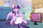  absurd_res computer_monitor dialogue diaper diaper_fetish english_text equid equine female fluffyxai friendship_is_magic fur hair hasbro hi_res horn hypnosis mammal mind_control my_little_pony purple_body purple_fur purple_hair text twilight_sparkle_(mlp) winged_unicorn wings 