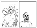  2koma 3_eyes alien alien_humanoid anterior_nasal_aperture areola armor bald big_breasts black_and_white bone breasts comic dark_samus duo eyeless female genitals goo_creature goo_humanoid hand_on_hip hi_res human humanoid instant_loss_2koma male mammal melted_skin metroid metroid_prime monochrome multi_eye nintendo open_mouth pussy skull skull_head unknown_artist 