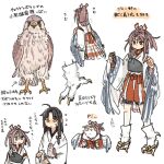  2girls ahoge animal animalization bangs bird bird_tail black_hair brown_eyes brown_gloves closed_mouth falcon feathered_wings flying_sweatdrops gloves hachimaki hair_between_eyes headband high_ponytail hinata_hibari japanese_clothes kantai_collection kimono light_brown_hair long_hair multiple_girls multiple_views muneate open_mouth partially_fingerless_gloves shouhou_(kancolle) simple_background tail translation_request very_long_hair white_background white_kimono wings yugake zuihou_(kancolle) 