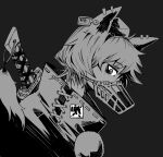  1girl absurdres animal_ears bangs ear_tag greyscale hat highres inubashiri_momiji looking_at_viewer looking_to_the_side monochrome muzzle nehitsuji_(syatihokoga) pom_pom_(clothes) profile short_hair simple_background solo sword tokin_hat touhou turtleneck weapon weapon_on_back wolf_ears 