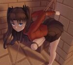  1girl absurdres arms_behind_back artist_name bare_legs bdsm bent_over black_bow black_hair black_skirt blue_eyes bondage bound bound_arms bound_wrists bow breasts brick_wall closed_mouth fate/stay_night fate_(series) foot_out_of_frame furrowed_brow hair_bow highres lattetrouble long_hair long_sleeves looking_at_viewer miniskirt pleated_skirt red_shirt restrained rope shibari shirt skirt small_breasts solo standing standing_on_one_leg tohsaka_rin two_side_up variant_set wavy_hair 