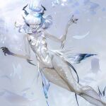  1girl ankle_fins blue_eyes blue_skin blue_tail blue_tongue bubble caustics choker colored_skin colored_tongue cropped_legs crown fangs fins fish fish_tail grin head_fins highres horns jewelry long_eyelashes monster_girl nanase_miri original ring scales see-through shiny_skin silhouette smile tail underwater webbed_hands white_hair white_skin 