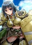  1girl armor bangs black_hair black_thighhighs blue_eyes blue_sky blush boobplate brown_cape brown_skirt cape closed_mouth cloud commentary_request cowboy_shot cross cross_necklace dated day frown gauntlets holding holding_shield jewelry leaning_forward leg_armor long_hair looking_at_viewer midriff navel necklace outdoors paladin_(ragnarok_online) pauldrons ragnarok_online shield shoulder_armor signature skirt sky solo takaba_momo thighhighs v-shaped_eyebrows waist_cape 