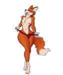  2022 anthro bulge canid canine detailed_bulge ear_piercing ear_ring eyes_closed fluffy fluffy_tail fox licker69666 male mammal navel nipples piercing removing_underwear ring_piercing solo tail tongue tongue_out wide_hips 