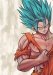  1boy abs alto_(natsusansai) blue_eyes blue_hair commentary_request dragon_ball dragon_ball_super earrings furrowed_brow highres jewelry male_focus muscular muscular_male pectorals potara_earrings smile solo torn_clothes upper_body vegetto 
