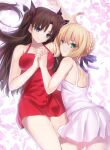  2girls ahoge artoria_pendragon_(fate) bangs blonde_hair blue_eyes blue_ribbon blush braid breasts brown_hair fate/stay_night fate_(series) french_braid green_eyes hair_bun hair_ribbon highres long_hair looking_at_viewer medium_breasts multiple_girls neko_daruma parted_bangs ribbon saber sidelocks smile tohsaka_rin two_side_up 