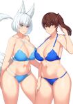  2girls animal_ears arm_at_side arm_behind_back armpits ass_visible_through_thighs azur_lane bangs bare_shoulders bikini blue_bikini blue_eyes blue_sky breasts brown_eyes brown_hair cleavage closed_mouth collarbone commentary_request criss-cross_halter crossover fox_ears fox_tail franham hair_between_eyes halterneck hand_in_own_hair hand_on_own_thigh hand_up highres historical_reference_connection kaga_(azur_lane) kaga_(kancolle) kantai_collection looking_at_viewer multi-strapped_bikini multiple_girls name_connection sand shiny_skin short_hair side_ponytail simple_background sky smile standing swimsuit tail thick_thighs thighs white_background white_hair 