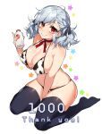  1girl animal_ears animal_print bangs bare_shoulders bechu bikini blush braid breasts cleavage covered_nipples cow_print girls&#039;_frontline glass_bottle grey_hair highres large_breasts looking_at_viewer milk orange_eyes ribbon side_braid solo spas-12_(girls&#039;_frontline) swimsuit thick_thighs thighhighs thighs 