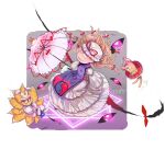  176feet 1boy blonde_hair bow bowtie cat chen chen_(cosplay) cosplay crossdressing dress esper_nyanko frilled_dress frills gap_(touhou) hat hat_ribbon highres long_hair long_sleeves male_focus matsuno_ichimatsu mob_cap multiple_tails osomatsu-san parasol purple_eyes red_footwear red_skirt red_vest ribbon shirt sidelocks skirt skirt_set socks tabard tail tassel touhou trigram two_tails umbrella very_long_hair vest white_dress white_headwear white_shirt white_socks wide_sleeves yakumo_ran yakumo_ran_(cosplay) yakumo_yukari yakumo_yukari_(cosplay) yellow_bow yellow_bowtie yin_yang yin_yang_print 