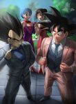  2boys 2girls :d absurdres black_eyes black_footwear black_hair blue_eyes blue_hair blue_necktie blue_vest blurry blurry_background bottle brown_jacket brown_pants bulma chi-chi_(dragon_ball) cup dragon_ball dress drinking_glass earrings elite_nappa grin highres holding_hands jacket jewelry lipstick looking_to_the_side makeup multiple_boys multiple_girls necktie off-shoulder_dress off_shoulder open_mouth outdoors pants purple_dress red_dress red_lips short_hair smile son_goku spiked_hair standing vegeta vest wine_bottle wine_glass 