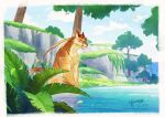  animal_focus blue_sky border cloud commentary_request dated day fangs full_body genshin_impact grass leaf makotocat066 no_humans outdoors plant rishboland_tiger_(genshin_impact) rock scenery signature sitting sky tiger tree water white_border 