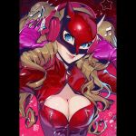  1girl blonde_hair blue_eyes bodysuit breasts cat_mask catsuit cleavage fumezu1 headphones highres mask medium_breasts musical_note persona persona_5 pillarboxed red_bodysuit smile takamaki_anne twintails upper_body 
