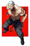  1boy :d abs absurdres bad_id bad_twitter_id bara bare_pectorals belt black_eyes black_footwear black_gloves black_pants boots bryan_fury bullet evil_smile explosive fingerless_gloves full_body gloves grenade highres houjoh_(7th-heaven) looking_at_viewer male_focus muscular navel open_mouth pants pectorals red_background scar scar_across_eye scar_on_chest short_hair smile solo tattoo tekken topless_male white_background white_hair 