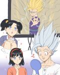  1boy 1girl :&lt; :o absurdres aged_down black_hair blonde_hair blue_eyes blush closed_mouth dragon_ball dragon_ball_super dragon_ball_super_super_hero dragon_ball_z electricity gohan_beast green_eyes hairband heart highres holding holding_mirror jenxd_d mirror open_mouth orange_shirt red_eyes red_hairband shirt simple_background son_gohan spiked_hair super_saiyan super_saiyan_2 television thought_bubble videl watching_television white_background white_shirt 
