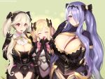  3girls :d armor ascot bangs black_armor black_bow black_gloves black_panties blonde_hair blush bow breasts brooch camilla_(fire_emblem) cleavage corrin_(female)_(fire_emblem) corrin_(fire_emblem) earrings elise_(fire_emblem) fire_emblem fire_emblem_fates gloves hair_between_eyes hair_bow hair_ornament hair_over_one_eye hairband jewelry kashiwamochi_yomogi large_breasts lips long_hair multiple_girls open_mouth panties pink_bow pointy_ears purple_eyes purple_hair red_eyes simple_background skindentation smile string_panties tiara twintails underwear very_long_hair wavy_hair 